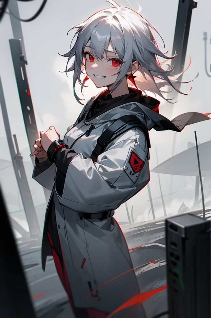 1female, grey hair, messy hair, red eyes, black earrings, black bracelets, white yukata, grinning, foggy background, hands to side, detailed face, standing on path