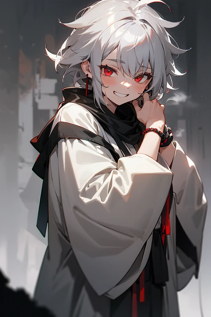 1female, grey hair, messy hair, red eyes, black earrings, black bracelets, white yukata, grinning, foggy background, hands to side, detailed face, standing on path