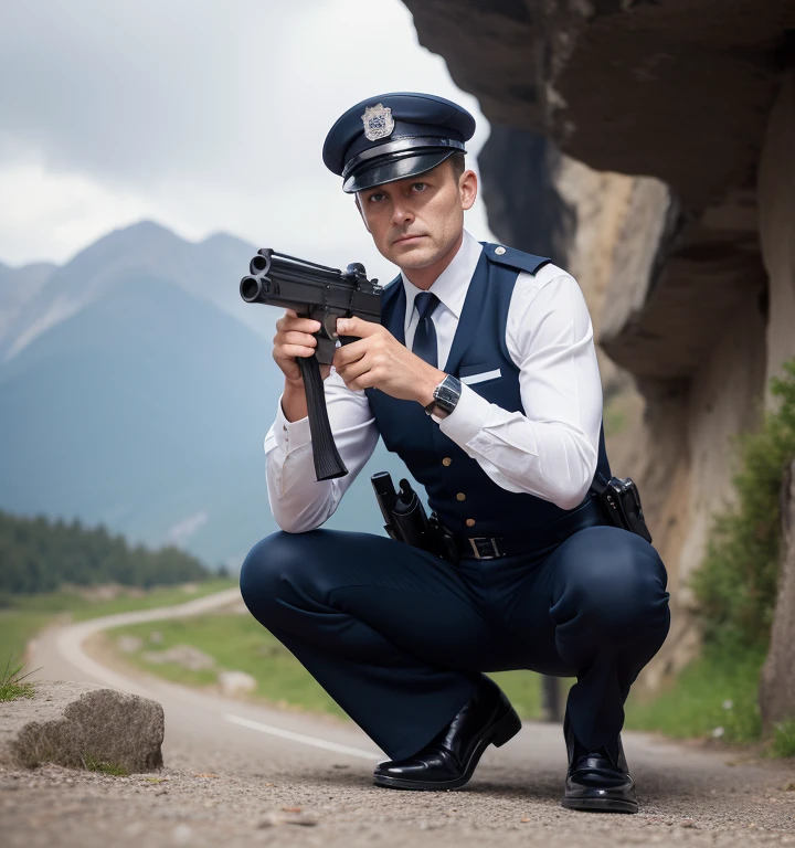 40 years old,One Man,Old-fashioned police uniform,Cliff in the mountains、Squat with your legs wide apart、Hold a gun,logic,Gay ,Short Hair、Stubble,German face。Handsome、Fighting spirit、The crotch area is bulging。