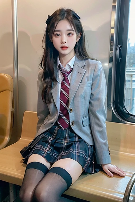 (8K), (highest quality: 1.2), (realistic), (realistic: 1.37), ultra high resolution, 1 girl, cute, serious face, closed mouth, beautiful details, beautiful nose, beautiful hair,giant dulcefo, pork, thighs,self snap,University Student Uniform,Sitting on a train in Tokyo,simple blazer,pleated skirt,(The pattern of the skirt and tie is a tartan check pattern...:1.3),cross your legs, From above,(Close up on thighs),(Shiny thighs),(Opaque blue knee-high socks:1.2),sweaty
