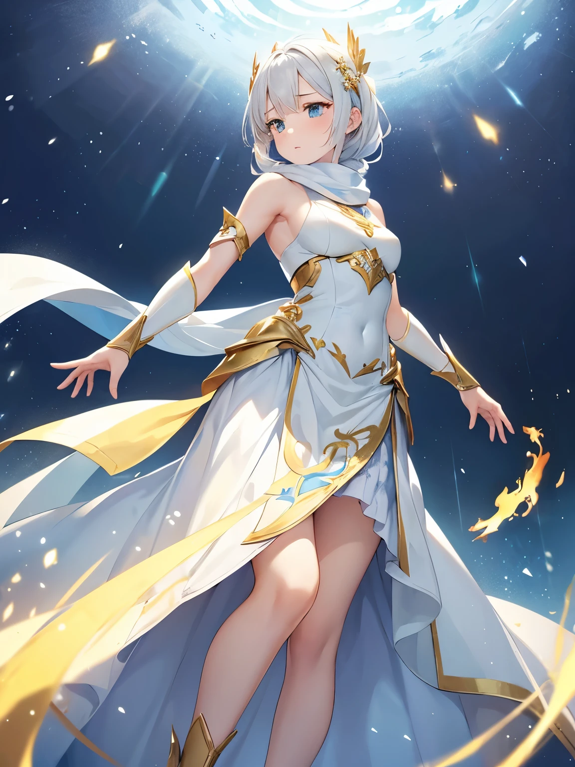 masterpiece, best quality, Practical, (1 girl: 1.3), blue gold white clothes, Shoulder-length hair, Jump, leap, dance, Green, gold and white clothes, Long skirt, Long scarf, flow, Light Armor, Snow-white skin, Bare shoulders, whole body, (From below:1.5), Martial Arts, dynamics, flame, particle