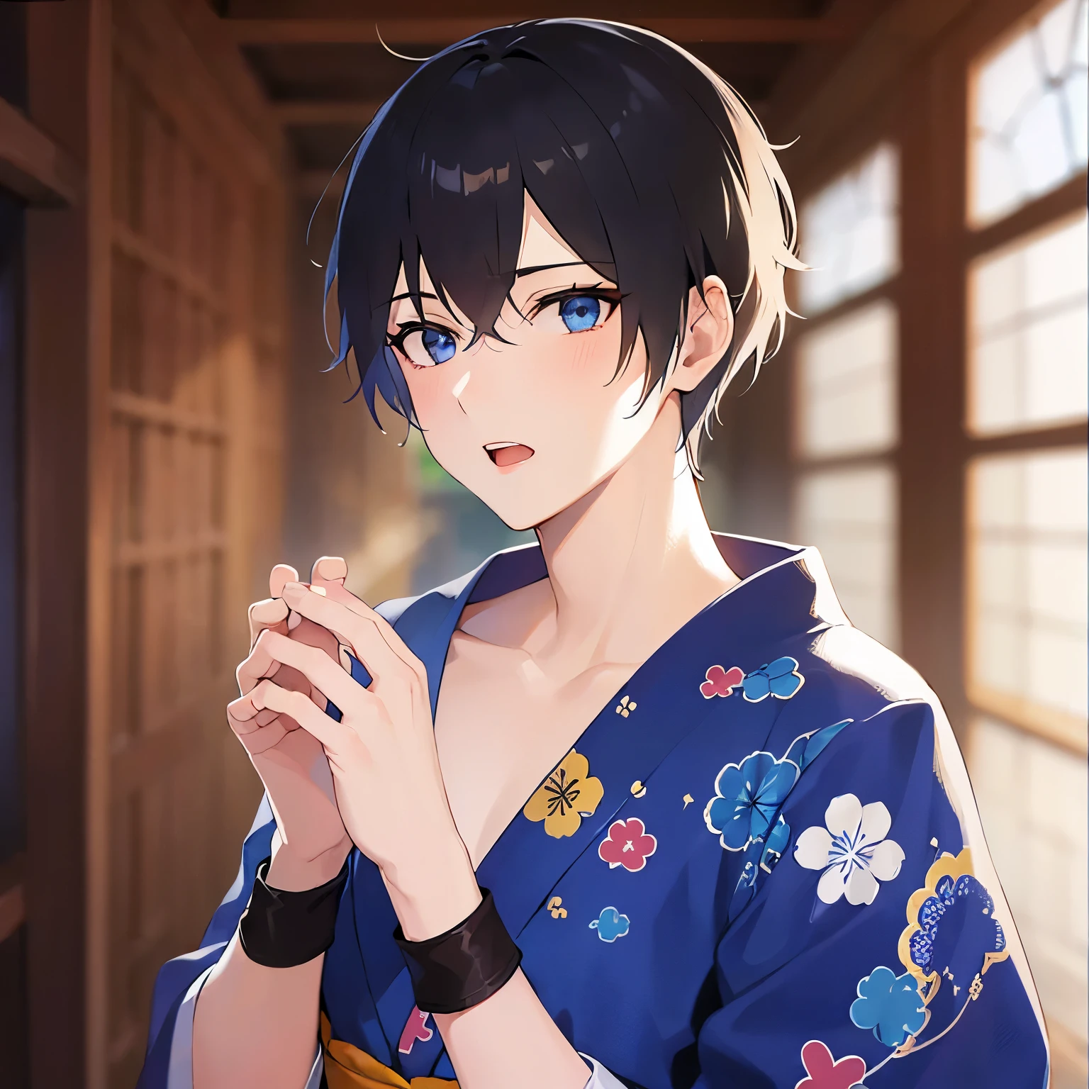 (25-year-old male:1.5) and(Black short hair) and (blue eyes), (looking away:1.5), upper body、Masterpiece with hands raised、Highest quality、
(Blue) and (yukata),(open mouth:1.5),blush,The background is a Japanese-style corridor at night