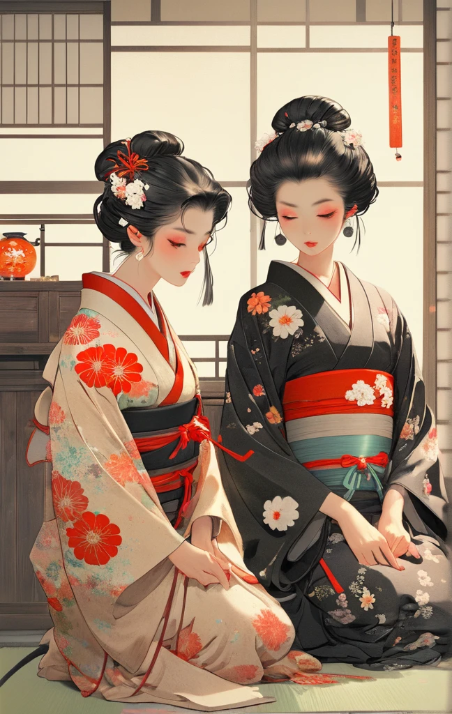 two women are in two kimono costumes sitting in their room, japanese clothes, hair ornament, kimono, kanzashi, looking down, flower, floral print, multiple girls, sash, hair flower, obi, 2girls, black hair, hair stick, lantern, half-closed eyes, bangs, sitting