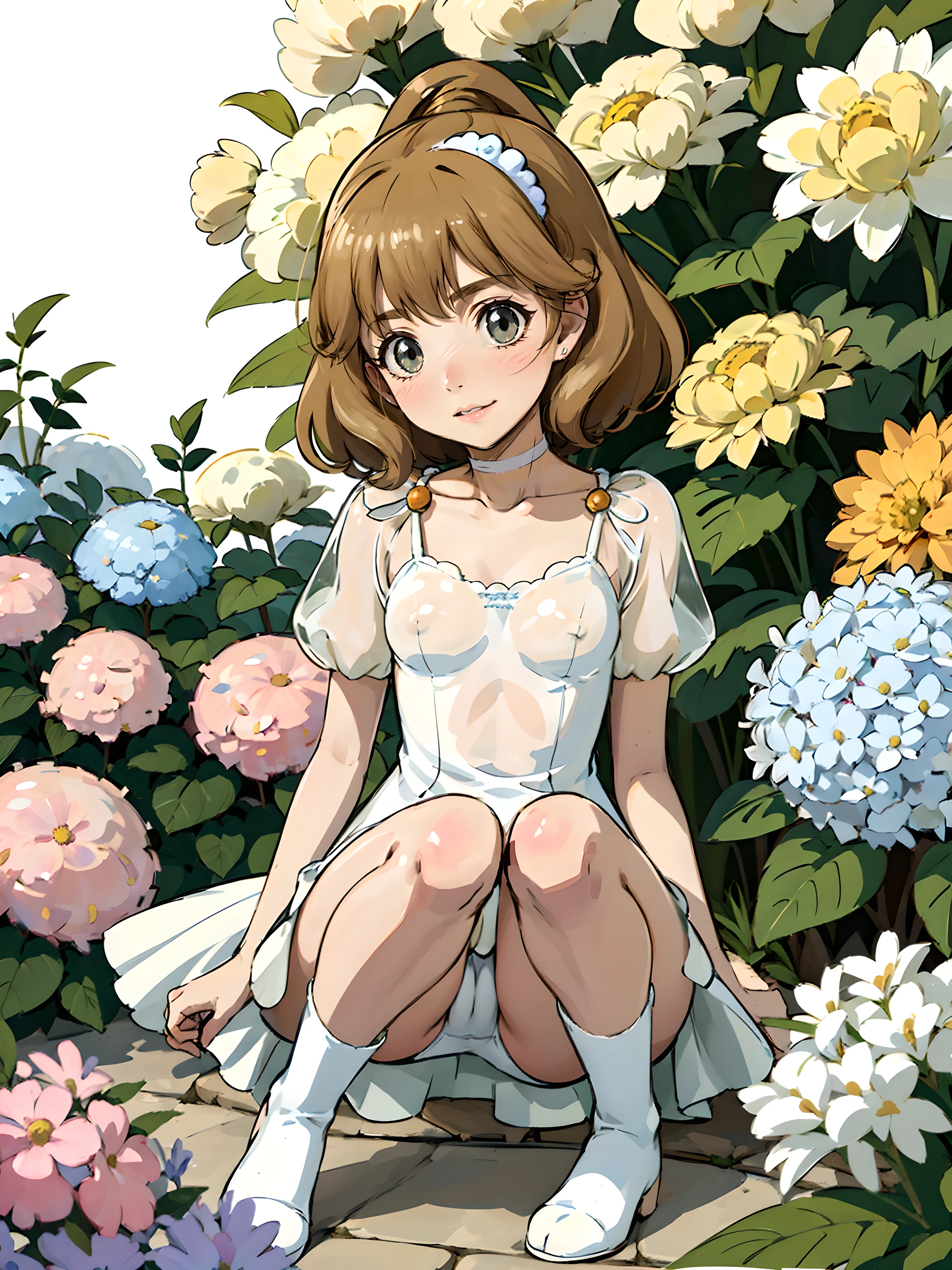 Realistic Skin, Ecstasy, Very short stature,Very thin thighs,,Small child: transparent:1.3) Floral Casual Dresses),Cute Underwear,Spread your legs,outside,summer garden,Hydrangea flowers,innie pussy, pussy, pussy juice, clitoris, erect nipples under clothes
