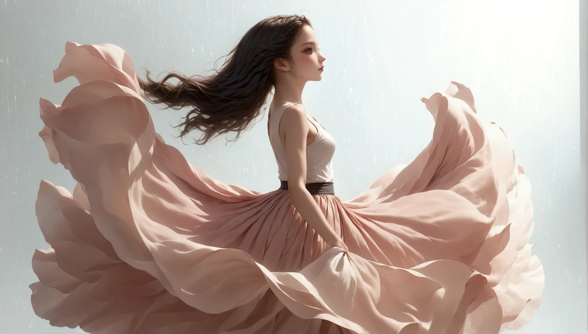 Dance photography;A dancer,Solitary;A dancing girl;Long skirt,Plain style,Gray pink and white gradient,Traditional style,Smudged skirt hem;The movements of the dance;elegant,Flexible skirt;Long hair,Long hair披肩。((Full body panorama 1.5)),front; Simple style;Minimalism。White background,Pure white background;Panoramic photography;Depth of Field, Extraordinary details, masterpiece, high quality, 4K,cinematic lighting, motion blur, depth of field, sparkle, ray tracing, reflection light, anatomically correct, uhd, textured skin, best quality, super detail, highres, high details, accurate, high quality, award winning