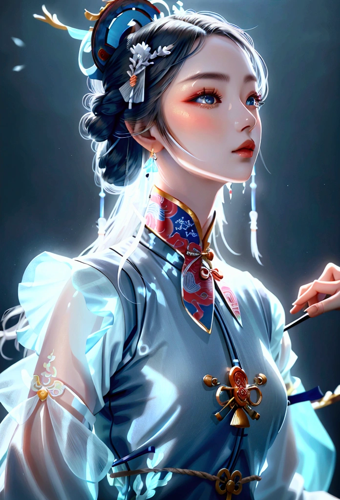 ((upper body)), portrait of a beautiful woman, ((perfect feminine face)),((ancient Chinese clothing)), ((Peking opera costume)), (long sleeves) observatory, intricate, (beautiful detailed eyes),((hairpin, twisted hair)), (sunlight), shaded flat drawing, digital art, trends on artstation, highly detailed, fine details, intricate, artgerm and rutkowski, art of alphonse mucha, surreal intricate detailing,