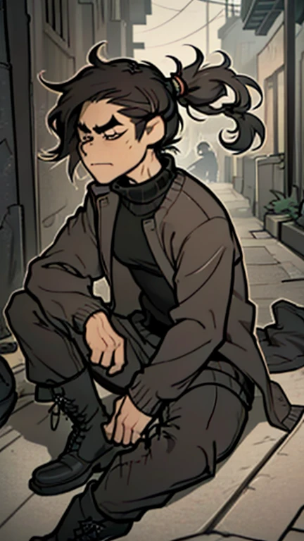 (detailed), (((normal guy))), (Arabic characteristics), ((gray wool jacket)), ((pelo negro rizado ponytail hairstyle)), ((ponytail hairstyle)), (calm face), ((by the width)), ((Brown boots)), (((whole body))), ((in a dark alley sitting on the ground)), ((male)), (gray turtleneck sweater), ((only one person)), (at night), seen in profile