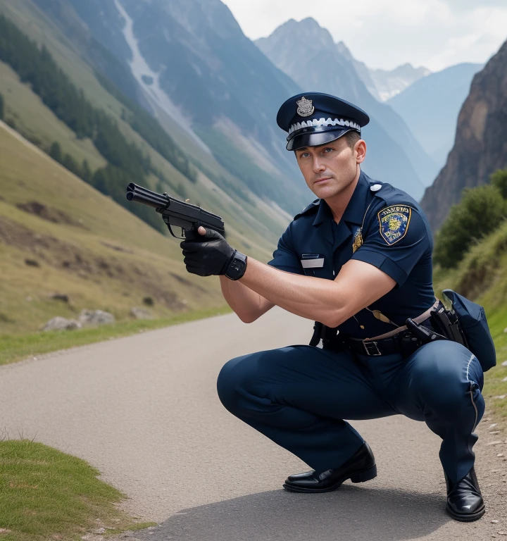 40 years old,One Man,Old-fashioned police uniform,Cliff in the mountains、Squat with your legs wide apart、Hold a gun,logic,Gay ,Short Hair、Stubble,German face。Handsome、Fighting spirit、The  area is bulging。