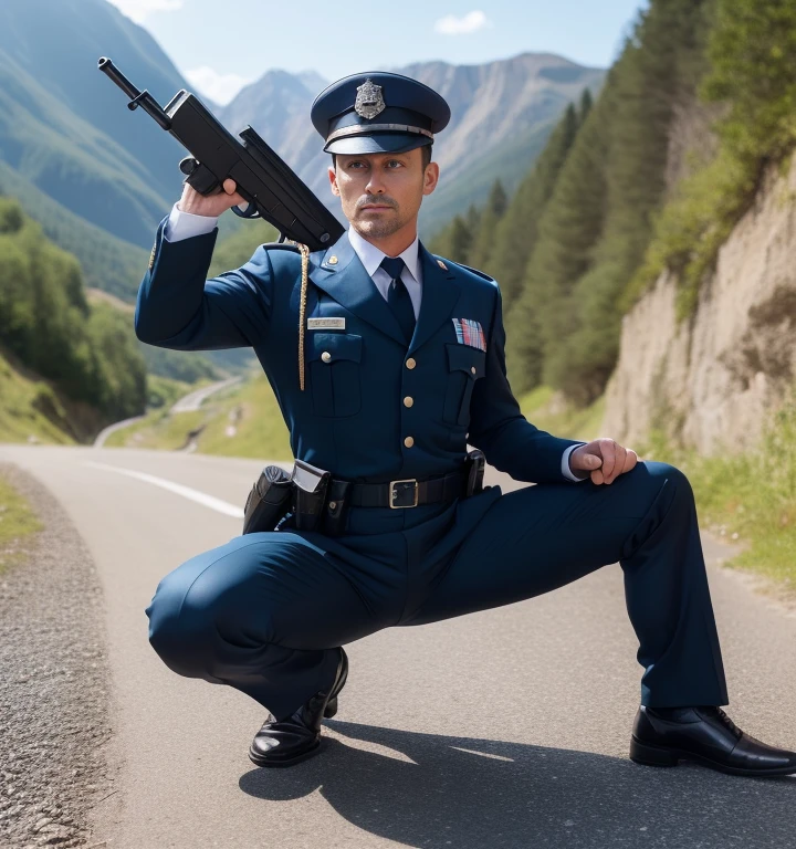 40 years old,One Man,Old-fashioned police uniform,Cliff in the mountains、Squat with your legs wide apart、Hold a gun,logic,Gay ,Short Hair、Stubble,German face。Handsome、Fighting spirit、The crotch area is bulging。