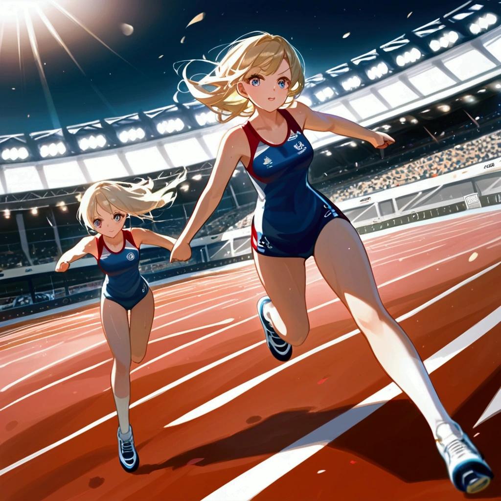 score_9, score_8_up, source anime, official art, 8k, ultra-detailed,very aesthetic, absurdres, perfect anatomy, dramatic angle, multiple girls, women athletes running in the track, Olympic, outdoor, stadium, cinematic lighting, newest, Perfect Hands