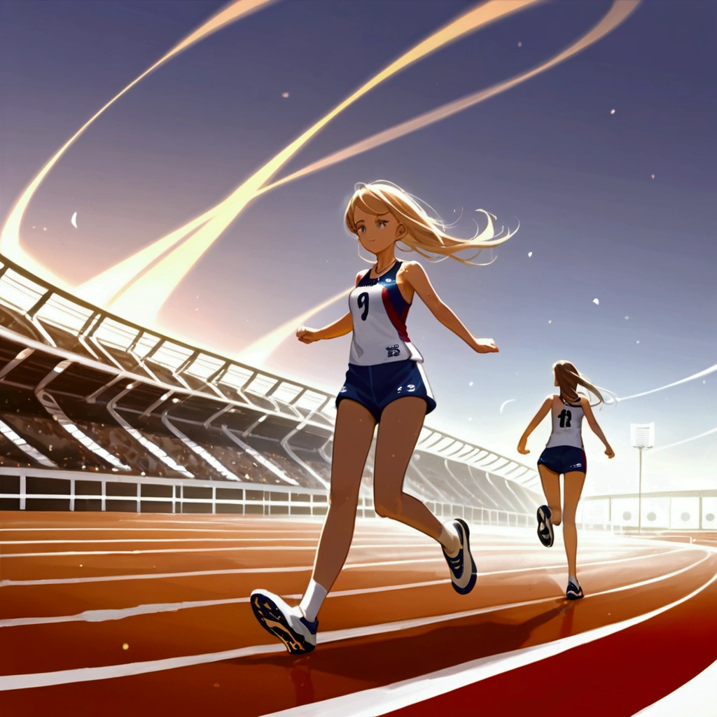 score_9, score_8_up, source anime, official art, 8k, ultra-detailed,very aesthetic, absurdres, perfect anatomy, dramatic angle, multiple girls, women athletes running in the track, Olympic, outdoor, stadium, cinematic lighting, newest, Perfect Hands