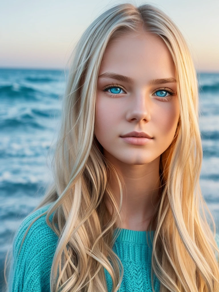 Young woman, One, in winter, Ukrainian, Blonde wavy golden hair and light green-blue eyes, sea water eye color, bright skin, attractive facial features and average, thin lips, -17slim and above average height.