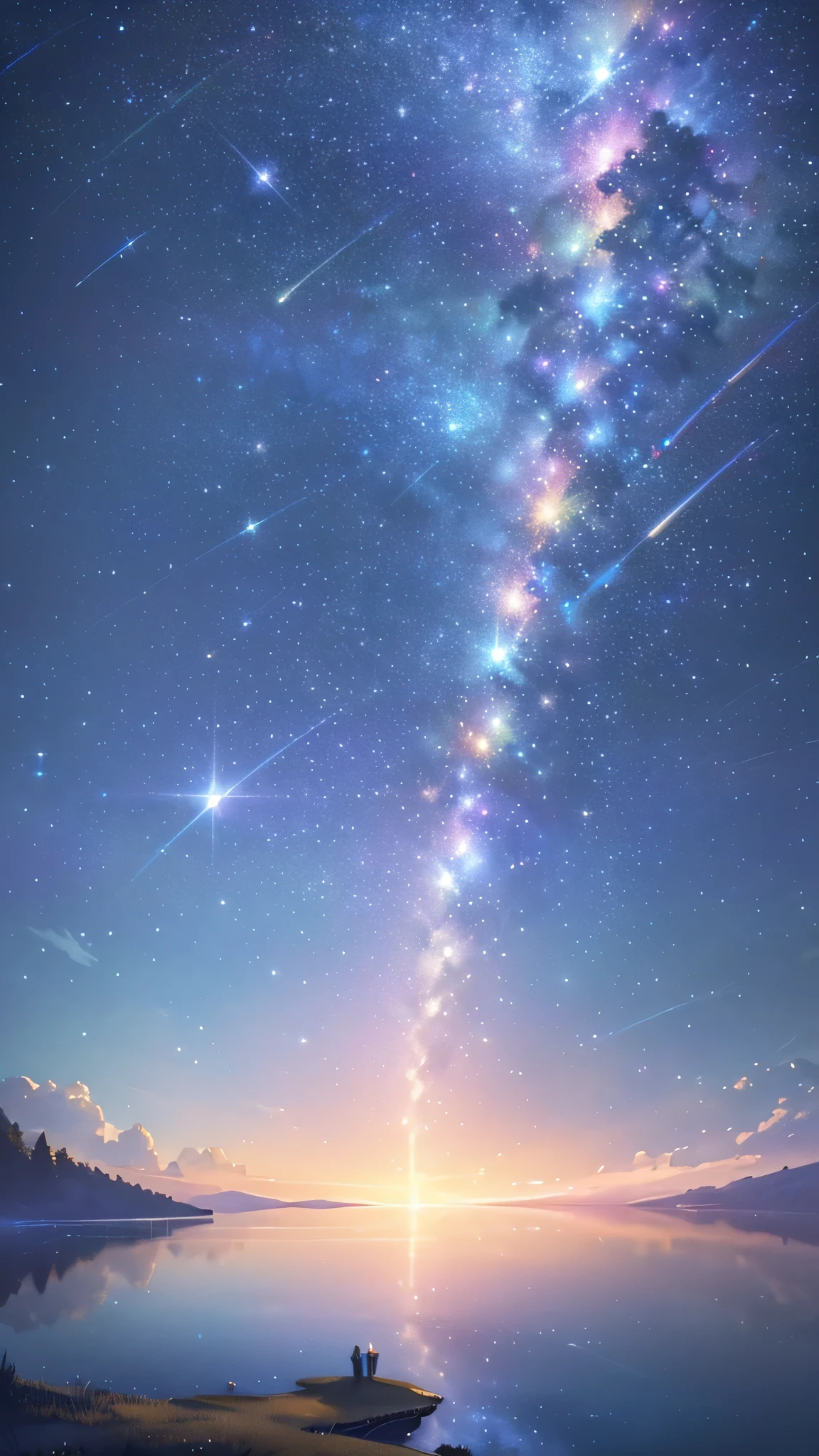 a beautiful night sky with millions of colorful stars, a single comet, a serene lake, fantasy atmosphere, light particles, (best quality,4k,8k,highres,masterpiece:1.2),ultra-detailed,(realistic,photorealistic,photo-realistic:1.37),fantasy,stunning,breathtaking,magical,mystical,ethereal,celestial,glowing,sparkling