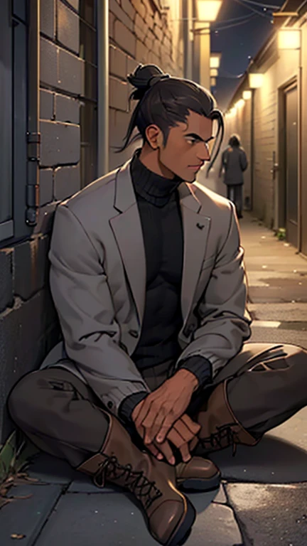(detailed), (((normal guy))), (Arabic characteristics), ((gray wool jacket)), ((pelo negro rizado ponytail hairstyle)), ((ponytail hairstyle)), (calm face), ((by the width)), ((Brown boots)), (((whole body))), ((in a dark alley sitting on the ground)), ((male)), (gray turtleneck sweater), ((only one person)), (at night), seen in profile