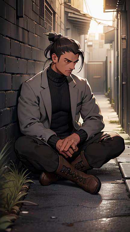 (detailed), (((normal guy))), (Arabic characteristics), ((gray wool jacket)), ((pelo negro rizado ponytail hairstyle)), ((ponytail hairstyle)), (calm face), ((by the width)), ((Brown boots)), (((whole body))), ((in a dark alley sitting on the ground)), ((male)), (gray turtleneck sweater), ((only one person)), (at night), seen in profile