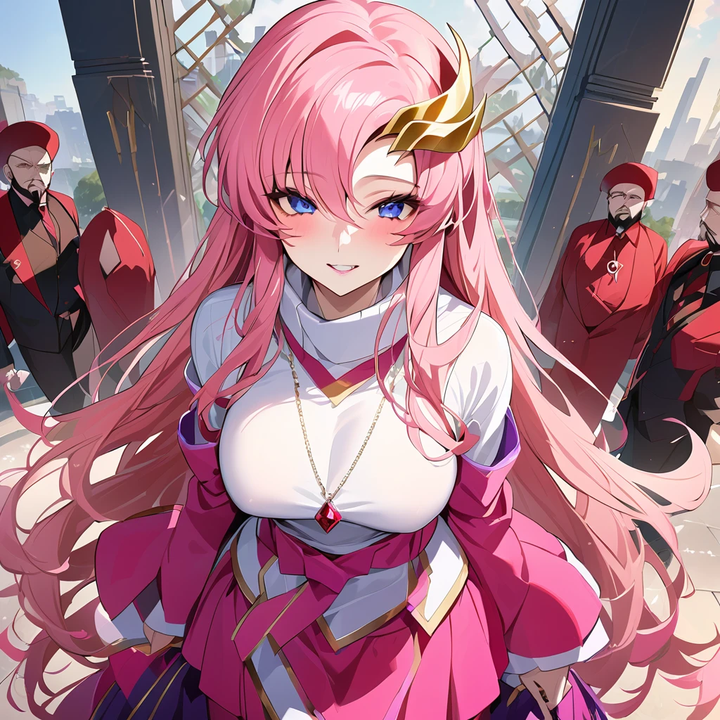 ((Highest quality)), ((masterpiece)), (detailed), （Perfect Face）、The woman is Lacus Clyne, a shrine maiden of an evil god and the wife of the leader of the evil god cult of the Saintess of Darkness. She has blue eyes, medium-long pink hair, a hair ornament, a shrine maiden outfit of an evil god, a necklace with a devil symbol, other evil accessories, a gorgeous head chain tiara, and an engagement ring.、The woman is the wife of a middle-aged, bearded cult leader who is revered by a mysterious cult of evil gods.、He is standing at the altar of the Evil God Cult with a mysterious cult leader dressed in luxurious cult leader clothing.