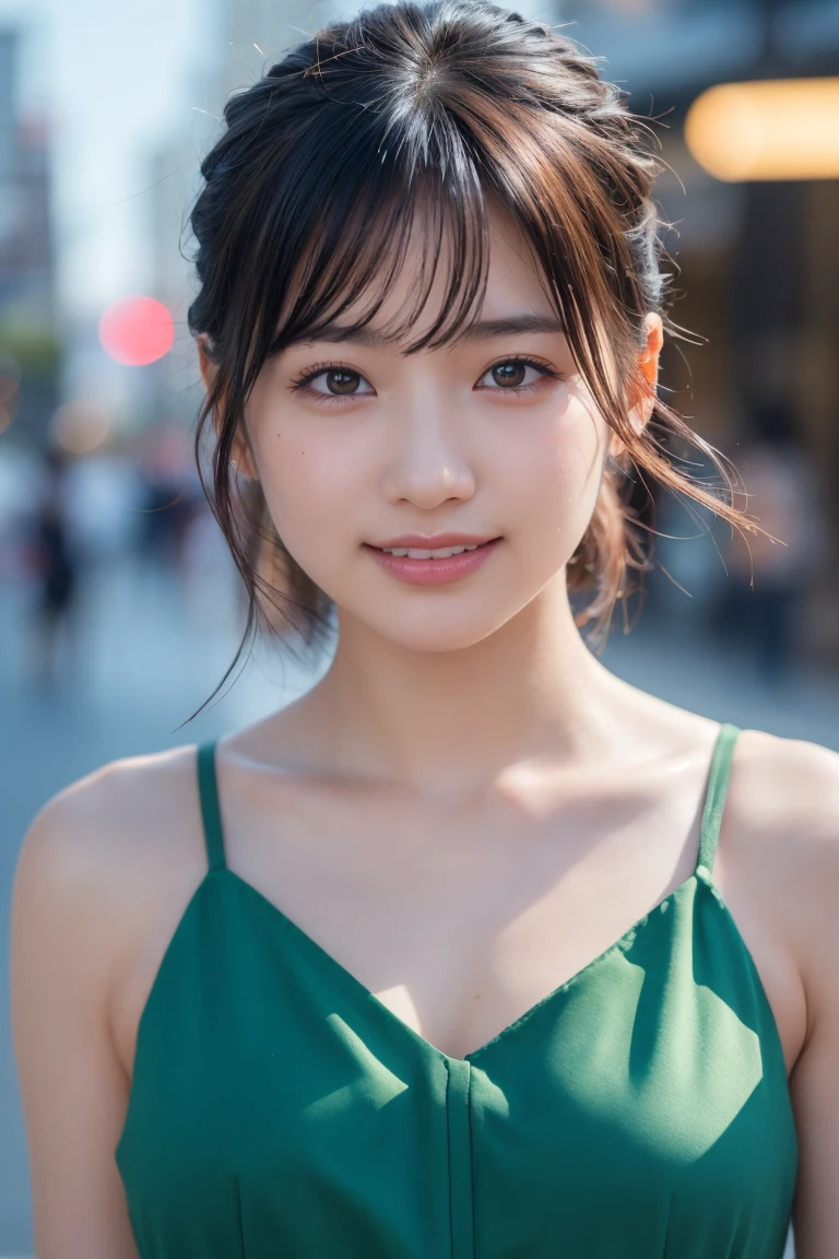 black eye、woman 1人、20-year-old、(((woman)))、solo、Realistic、Highest quality、Photorealistic、masterpiece、8k、High resolution、solo、Highly detailed face、(Professional Lighting、Bokeh Depth of Field)、(Particles of light、Lens flare、Luminous Particles:0.6)、(Dynamic Pose:1.2)、Soft lighting、Top view angle、Fashionable and trendy atmosphere、Japanese、street、Tokyo、city、((Daytime)) 、null、((Viewer Perspective:1))、(Looking into the camera)、(Portrait:0.6)、Cowboy Shot、Gorgeous、Are standing、Maintains natural facial proportions、Broad shoulders、Whole Body Ezbian、(Small breasts)、 (Medium Hair)、Brown Hair、Floating Hair、Lips、lipstick、A seductive smile、Floating Hair、Laughter、Open your mouth、(Green Dress)、(ponytail)、Sheol、(Mole under the eye:1)