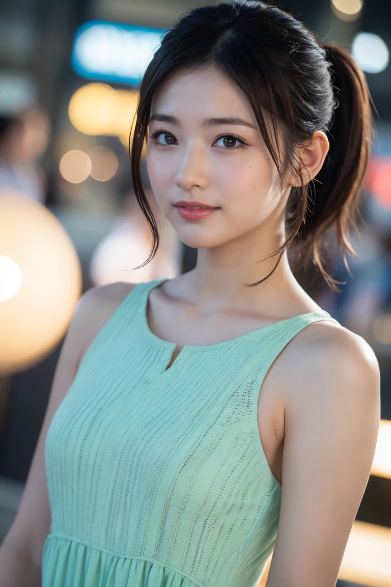 (8k, Top quality, Masterpiece:1.2), (Realistic, photo-realistic:1.37), Super detailed, perfect anatomy, cute, small eyes, Maxi dress, 20 years old, a Japanese, girl, night,