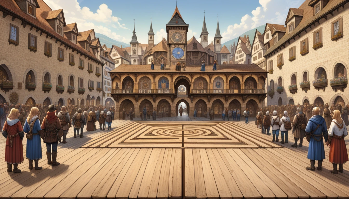 fantasy, medieval, europe, (central square, onlookers, wooden platform, straight shot, symmetry, golden ratio, antique masonry)