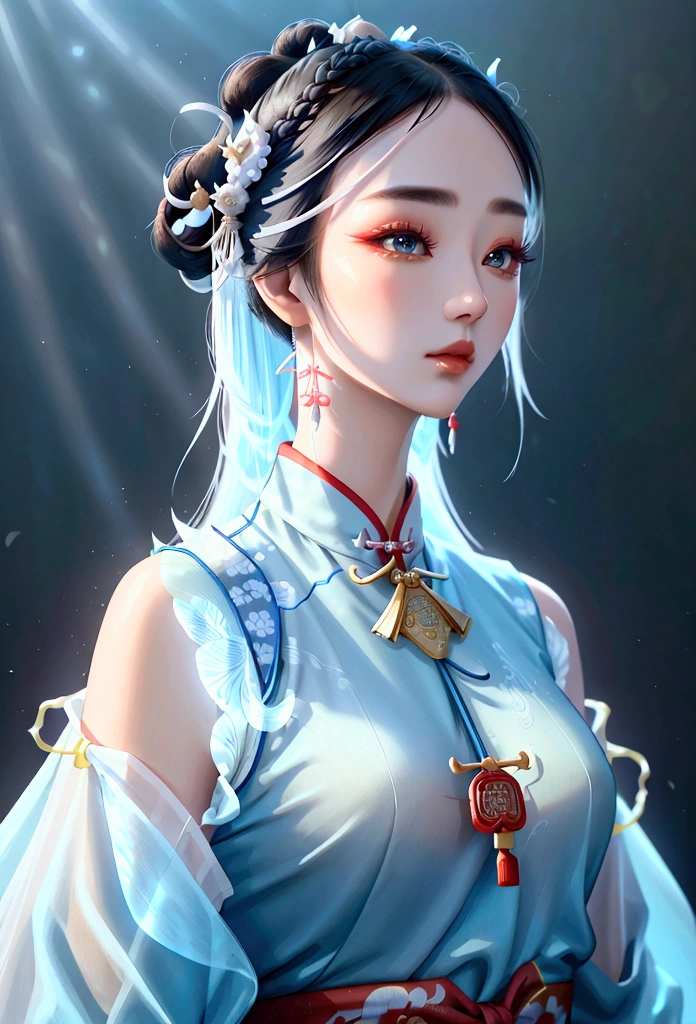 ((upper body)), portrait of a beautiful woman, ((perfect feminine face)),((ancient Chinese clothing)), ((Peking opera costume)), (long sleeves) observatory, intricate, (beautiful detailed eyes),((hairpin, twisted hair)), (sunlight), shaded flat drawing, digital art, trends on artstation, highly detailed, fine details, intricate, artgerm and rutkowski, art of alphonse mucha, surreal intricate detailing,