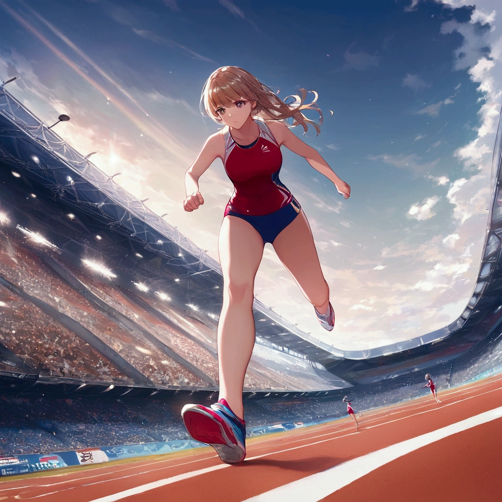 score_9, score_8_up, source anime, official art, 8k, ultra-detailed,very aesthetic, absurdres, perfect anatomy, dramatic angle, multiple girls, women athletes running in the track, Olympic, outdoor, stadium, cinematic lighting, newest, Perfect Hands