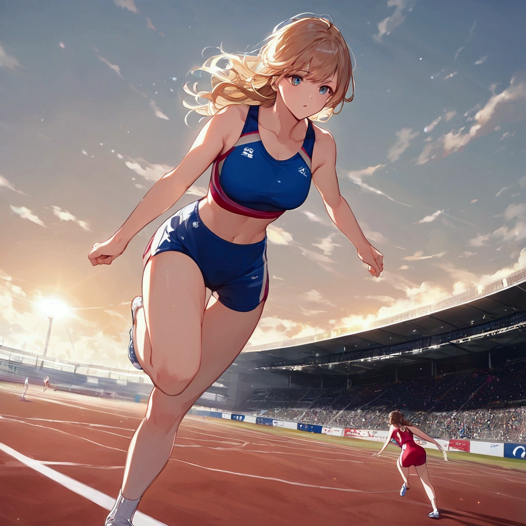 score_9, score_8_up, source anime, official art, 8k, ultra-detailed,very aesthetic, absurdres, perfect anatomy, dramatic angle, multiple girls, women athletes running in the track, Olympic, outdoor, stadium, cinematic lighting, newest, Perfect Hands