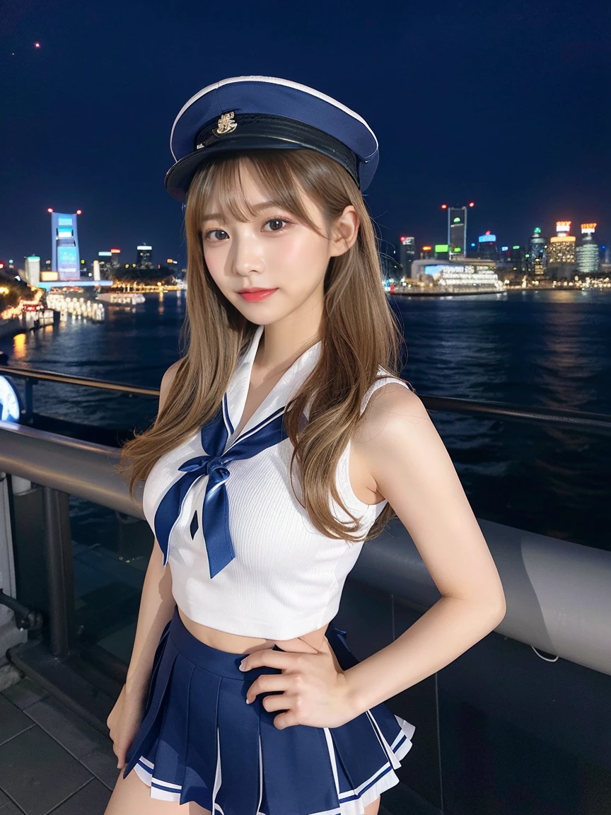 最high quality, masterpiece, 32K、Very detailed、Realistic、1 girl, Japanese women、Cute Face, (photo Actual:1.3),Medium Hair(Blonde Hair Color、Great brown hairstyles)、Edge lighting, (Skin with attention to detail:1.2), 8k超High resolution, Single-lens reflex camera, high quality, High resolution, 4K, 8k, Optimal ratio of four fingers to one thumb, (Actual:1.3), cute 1 girl, Realistic、Super Realistic、32K、Very detailed、masterpiece, 最high quality, beautiful girl, beauty、Mecha, Beautiful lighting, (Neon Light:1.2), (night:1.5), K-Pop Idol Costumes、Sleeveless outfit、Jersey fabric shorts、Large Breasts(big 、There is a valley)、Swiss flag t-shirt、Blue and white cheerleader skirt、Blue uniform(Military style hat)、Are standing、Cyber Neon、Future City、Skyscraper、都会のnight、Shanghai、big cities、night景、綺麗なnight景