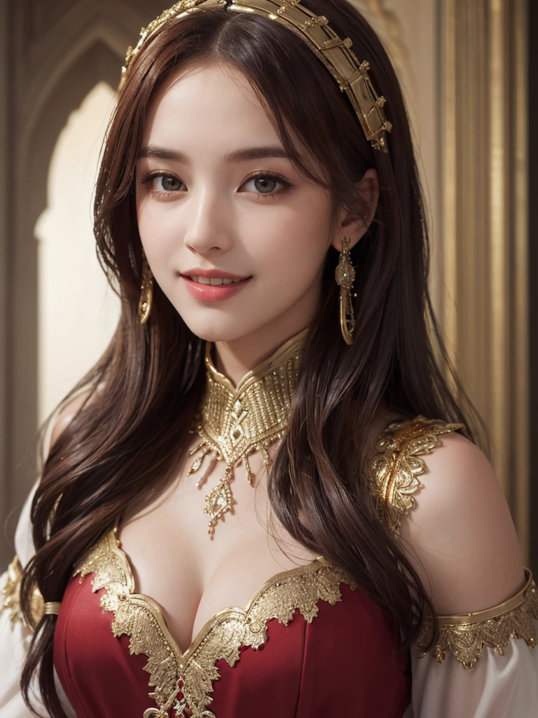 (masterpiece: 1.3), (8K, Photorealistic, Photo barbarian, Highest quality: 1.4), (One Girl), Beautiful Face, (Realistic Face), (Redhead, Long Hair 1.3), Beautiful hairstyle, Realistic crystal bright eyes, Stunning European beauty with attention to detail, (Realistic Skin), Beautiful Skin, (Pull), Absurd, good looking, Ultra-high resolution, Surrealist, Very detailed, Golden number in moroccan islamic caftan costume,Laughter、Red dress,The hair is slightly curled vertically