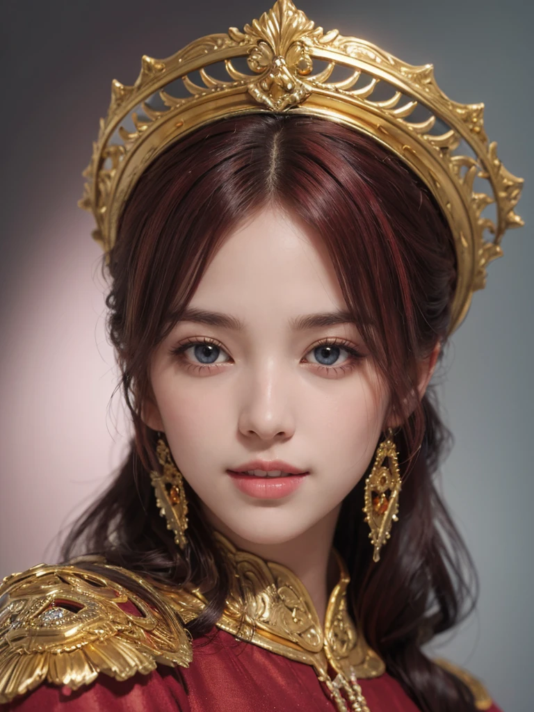 (masterpiece: 1.3), (8K, Photorealistic, Photo barbarian, Highest quality: 1.4), (One Girl), Beautiful Face, (Realistic Face), (Redhead, Long Hair 1.3), Beautiful hairstyle, Realistic crystal bright eyes, Stunning European beauty with attention to detail, (Realistic Skin), Beautiful Skin, (Pull), Absurd, good looking, Ultra-high resolution, Surrealist, Very detailed, Golden number in moroccan islamic caftan costume，Laughter、Red dress，The hair is slightly curled vertically