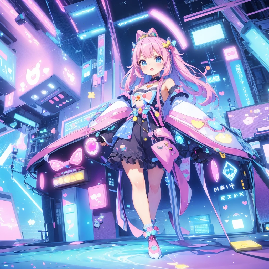 (Kawaii Character:1.4), Cyber Princess, She is immersed in cyber networks, (Special effects), masterpiece, Highest quality, Clear images, Clear images, Clear images, Unrealistic image, Highly detailed background,kawaii tech,