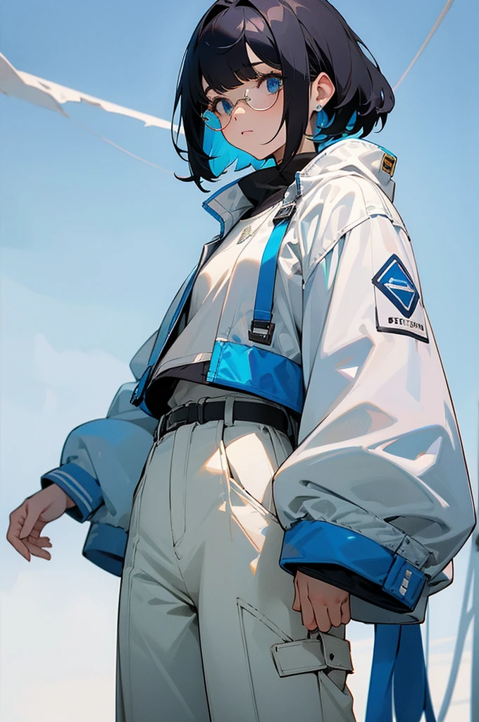 1female, black hair, white inner colored hair, bangs, blue tinted glasses, calm expression, white tee, blue jacket, white baggy pants, outside background, hands to side, detailed face, standing on path