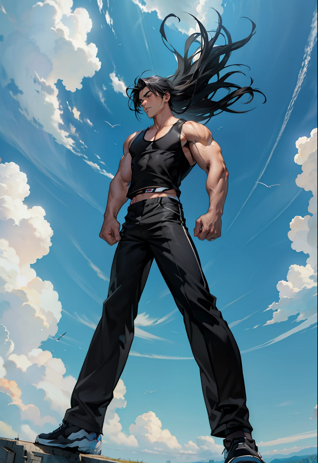 boys 26 Years old, Serious face, ((black singlets)), black pants, black hair, floating on air, levitate on sky, blue sky, cloud