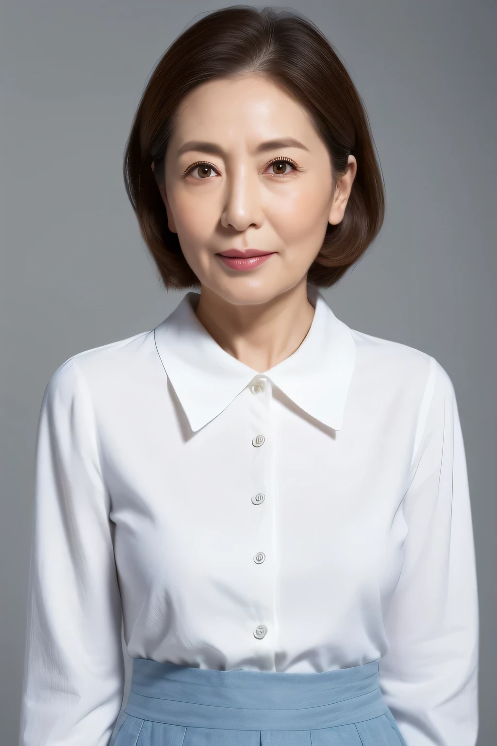 High resolution、high resolution、High definition、masterpiece、Textured skin、Anatomically very accurate、sharp、
Gray background,
((Japanese middle-aged、80 years old))、solo、((Facial wrinkles))、Shapely large breasts、Straight light brown hair reaching to the shoulders、Chubby body type,
(((Stand upright facing the center of the screen)))、Mouth closed, serious face, looking straight ahead、
White summer blouse with buttoned collar、Light blue summer skirt、((Cowboy Shot))、