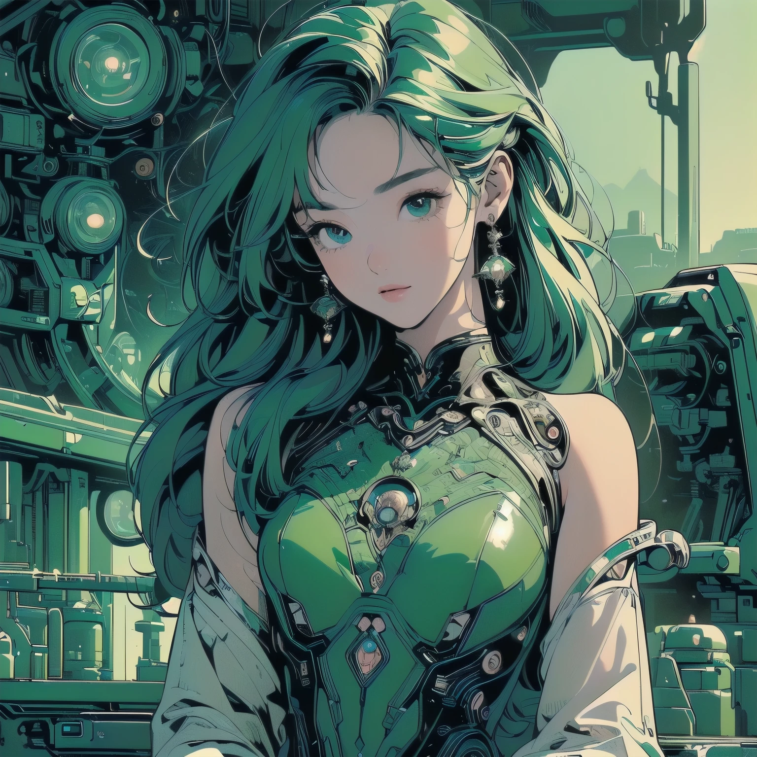 (((masterpiece, Highest quality)))、(((32K Wallpapers)))、The most detailed machine、(((The most complete and detailed Green futuristic machine and a woman)))、The most detailed background、(((Flat Chest)))、(((Surrounded by many complex, sophisticated, futuristic machines)))、head shot,((((more various angle))))、((Overall colorfully))、A perfect machine、(((Perfect Face)))、(((The most complete machine of the future)))、Detailed Hair