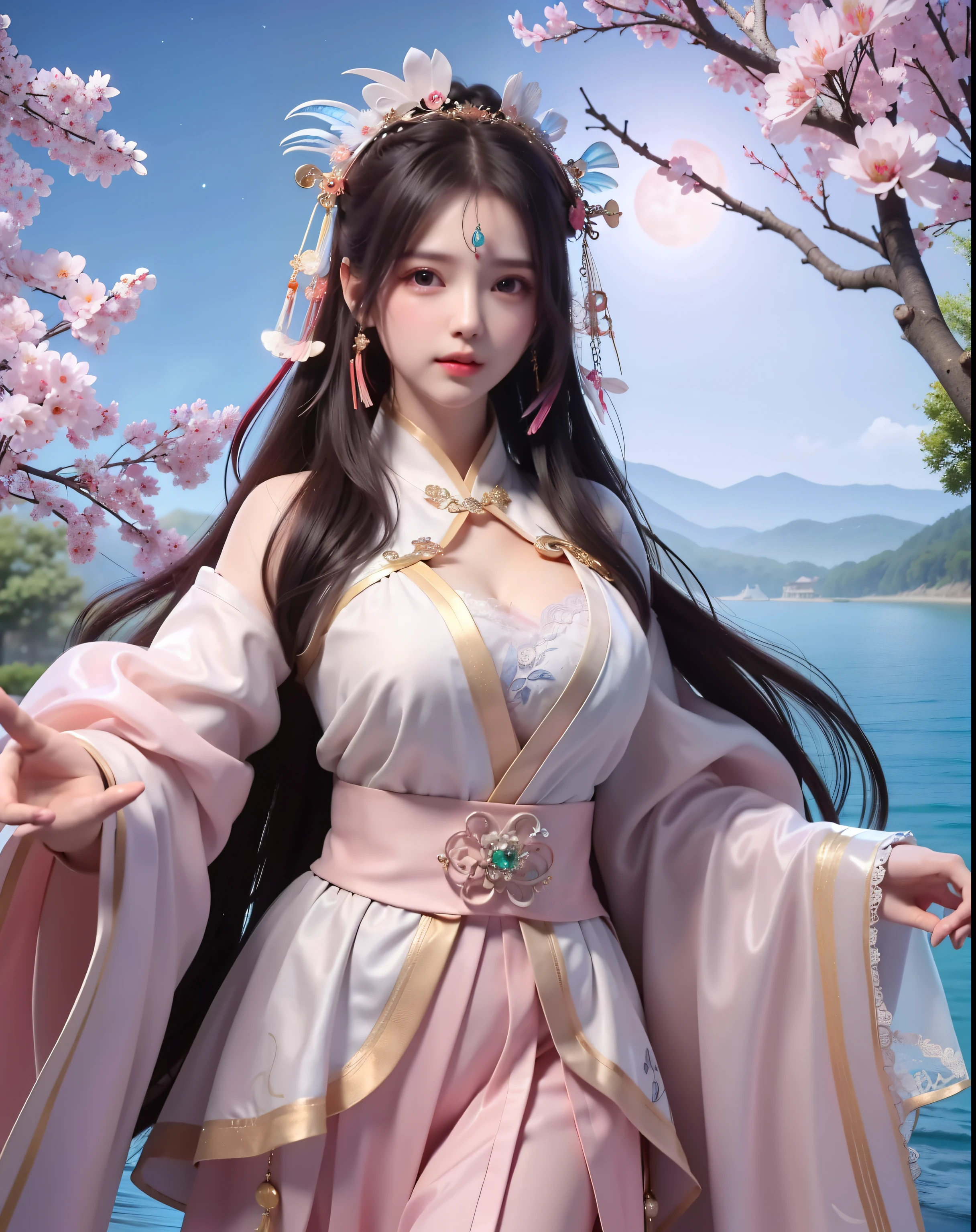 (8k, RAW photo:1.2), best quality, ultra high res,dramatic angle,(fluttered detailed color splashs), (illustration),(((1 girl))),(long hair),(rain:0.9), (Headdress:1.4),There is an ancient palace beside the girl,Hanfu,(Key Points),Color ink painting,(Splash of Color),Splash of Color,(((colorful))),(sketch:0.8) , Masterpiece, best quality, beautiful painted, highly detailed,(denoising:0.6),[splash ink],((ink refraction)), (beautiful detailed sky),moon,highly,detaild,(masterpiece, best quality, extremely detailed） CG Unity 8k Wallpaper，masterpiece，best quality，Ultra Detailed），（Lycoris）. hanfu open v   open V-chested clothes Thin silk lace dress , (huge ，cleavage),, white pinkand gren，best qualtiy，tmasterpiece，Ultra-high resolution，（Reality：1.4），RAW photogr，（True skin texture：1.3），（filmgrain：1.3），（Selfie angle），1个Giant Breast Girl，Beautiful eye and face details，tmasterpiece，Best quality at best，，The chest more exposed， detailed hair, bra pink , detail 8k, upper body, lace petticoat