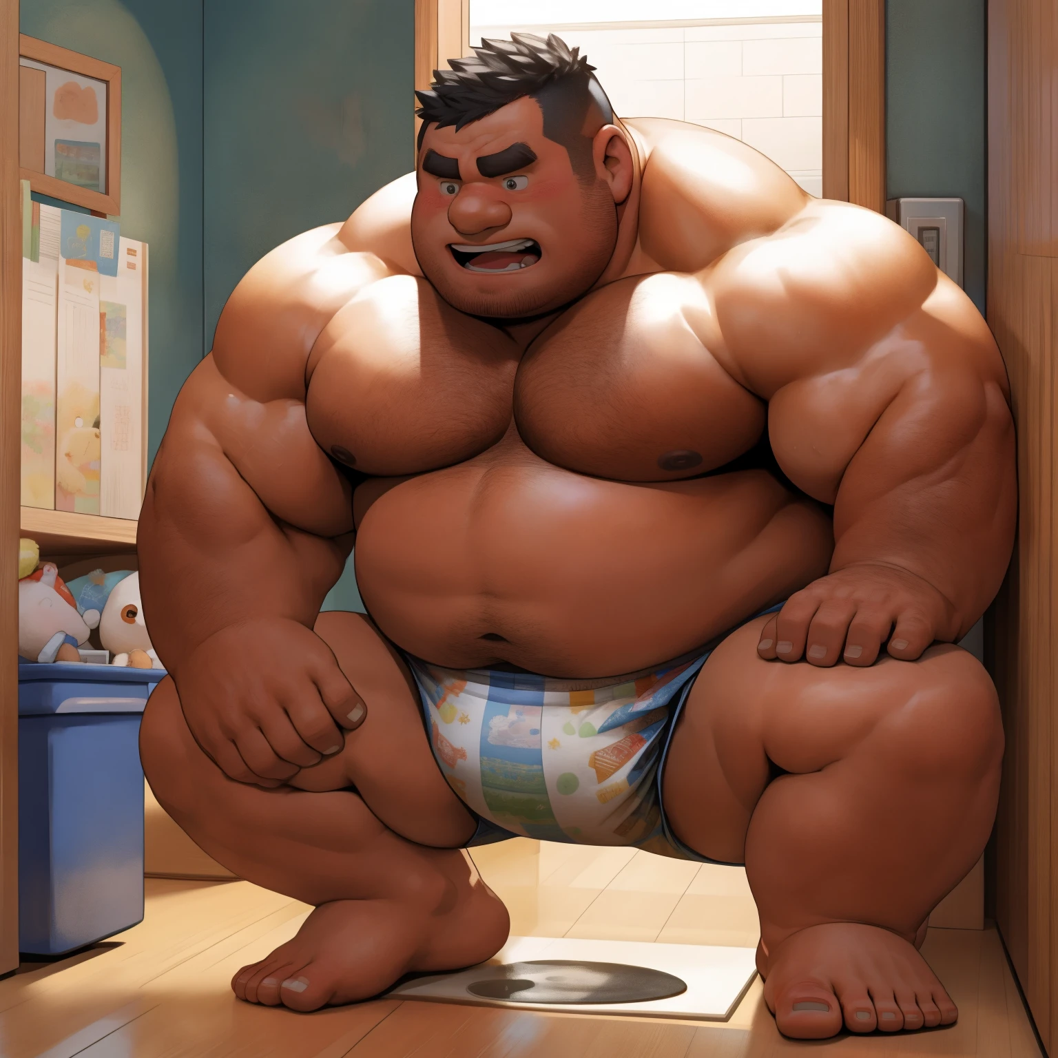 masterpiece, Top quality, in 32K, perfect anatomy, hyper detailed, super fine illustration, The thick man is a brutal prisoner, retarded, hairy, human, 50yo in japan, (fatness: 1.0), Fatty muscle, Bowleg, disappointment, incontinent, be diaper check by children, There is a small puddle under him, Naked, short legs, Bowleg, spread legs, wear a White cloth Diaper, Bare belly, Bare legs, Bare foots, Bare soles, Shirtless, wide forehead and short thinning hair, Man with round  face with stubble, Bare foots, Bare soles, shy, sissy, Weaker than children, Drool, Round face, He enters nursery school and is despised by children, He is made to stand attention in the corner of the playroom, corner time, He surrounded by children, Bare foots, big butt, White Diaper, sobbing, There is a small puddle under him