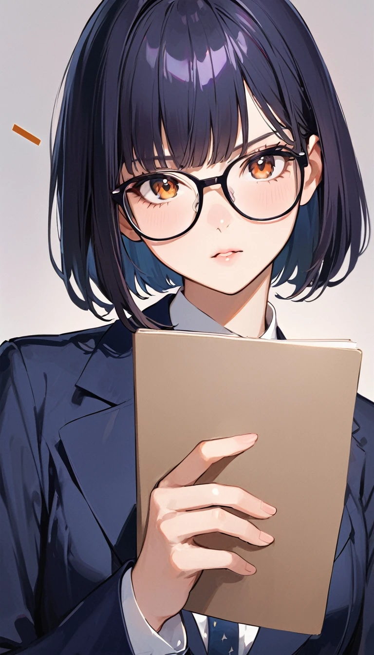 A high school girl with black short bob hair, Glasses,wearing a navy blazer ,Notice at a glance