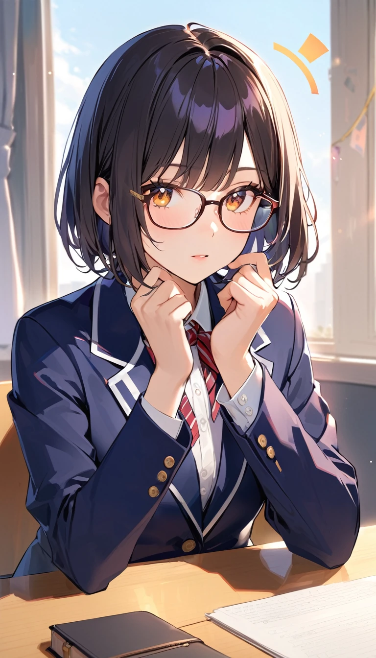 A high school girl with black short bob hair, Glasses,wearing a navy blazer ,Notice at a glance