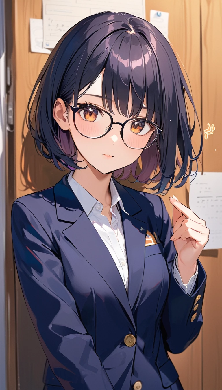 A high school girl with black short bob hair, Glasses,wearing a navy blazer ,Notice at a glance