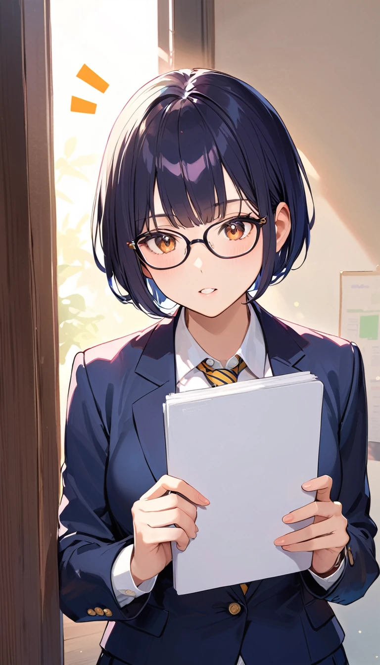 A high school girl with black short bob hair, Glasses,wearing a navy blazer ,Notice at a glance