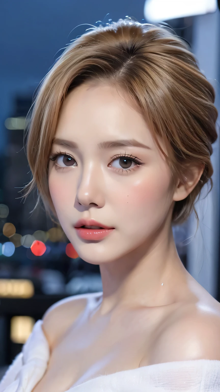 ((Night Scene, Realistic Light, Best Quality, 8k, Masterpiece: 1.3)), 1 Girl, Slim Body Beauty: 1.4, Blonde, Short Hair, (Big: 1.3), Off Shoulder Cut Top: 1.3, Ultra Detailed Face, Detailed Eyes, Double Eyelids, NYC, Times Square, Cleavage, hallow cut hair