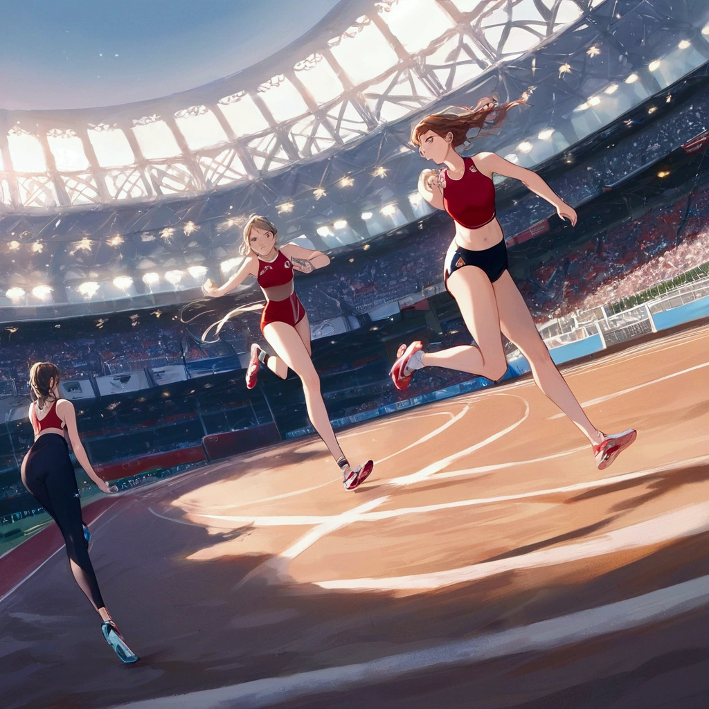 score_9, score_8_up, source anime, official art, 8k, ultra-detailed,very aesthetic, absurdres, perfect anatomy, dramatic angle, multiple girls, women athletes running in the track, Olympic, outdoor, stadium, cinematic lighting, newest, Perfect Hands