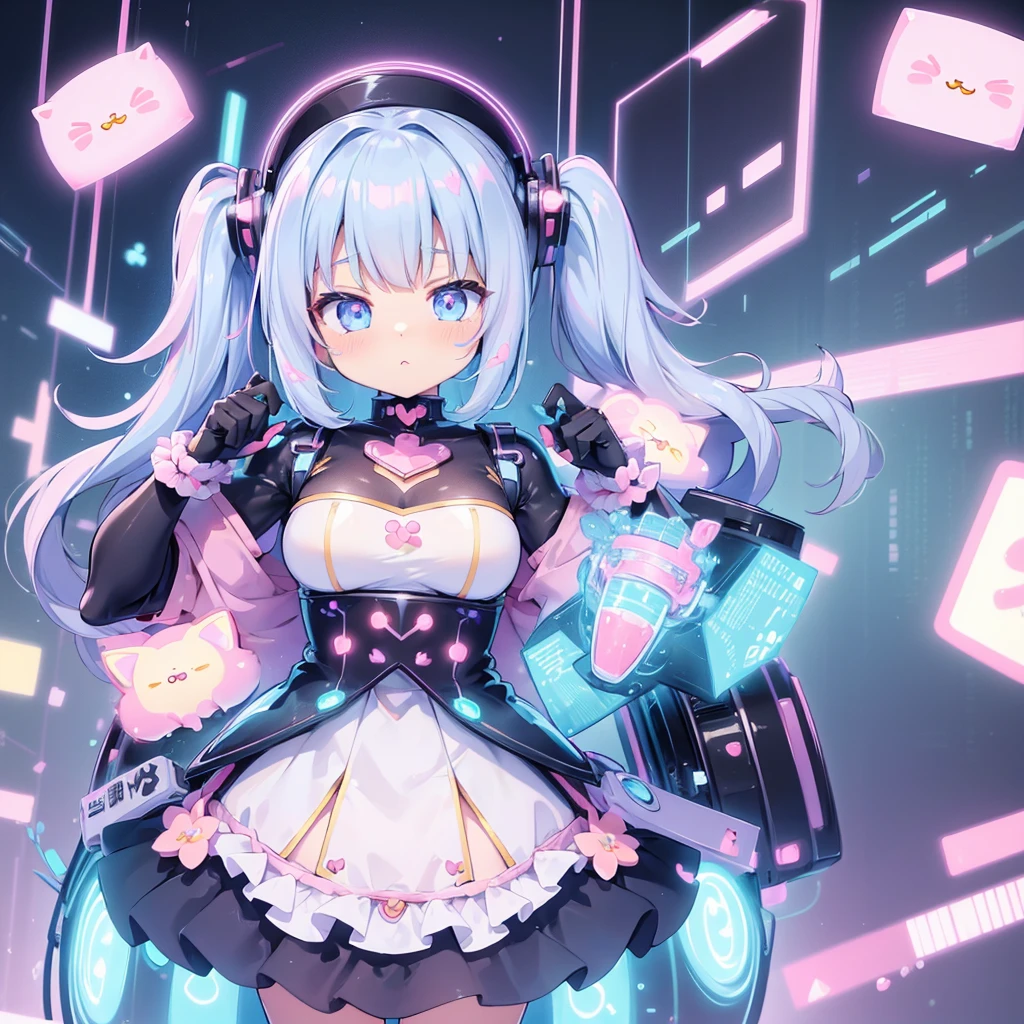 (Kawaii Character:1.4), Cyber Princess, She is immersed in cyber networks, (Special effects), masterpiece, Highest quality, Clear images, Clear images, Clear images, Unrealistic image, Highly detailed background,kawaii tech,