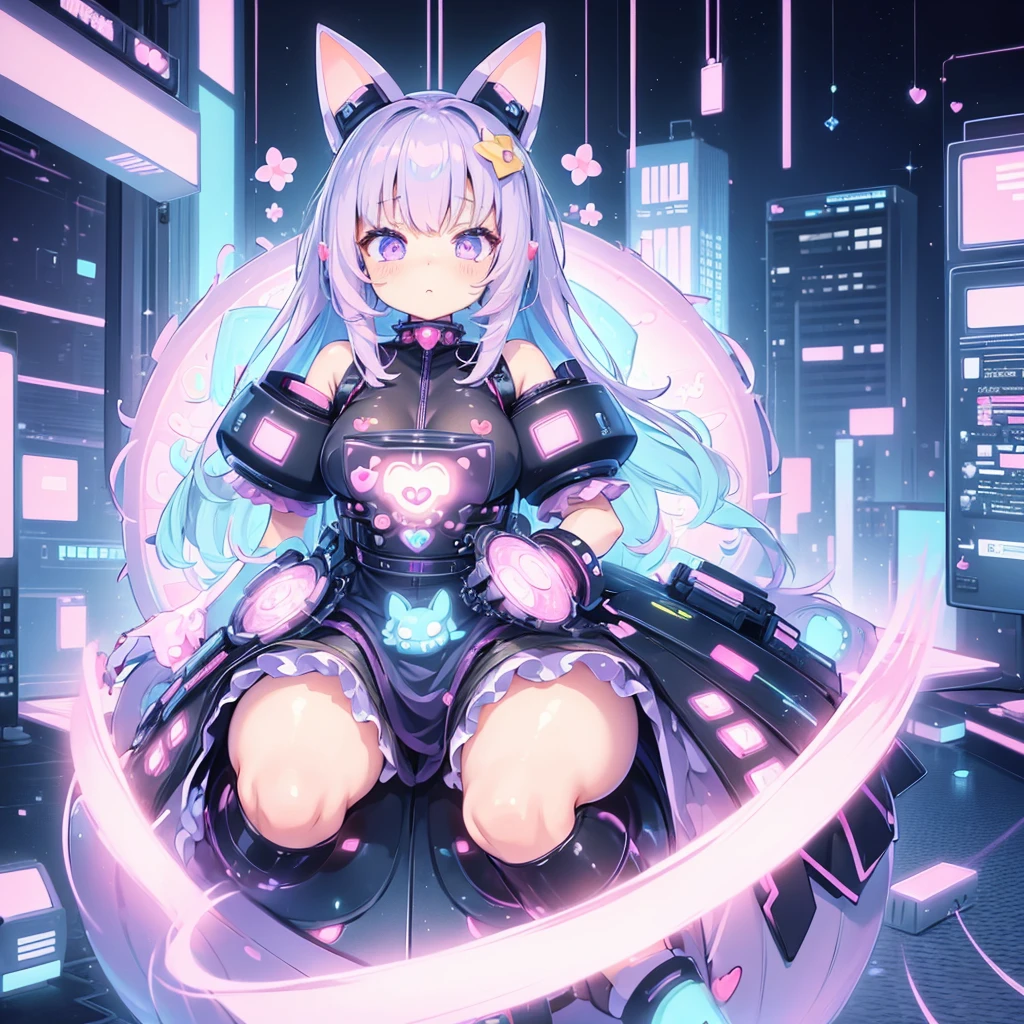(Kawaii Character:1.4), Cyber Princess, She is immersed in cyber networks, (Special effects), masterpiece, Highest quality, Clear images, Clear images, Clear images, Unrealistic image, Highly detailed background,kawaii tech,