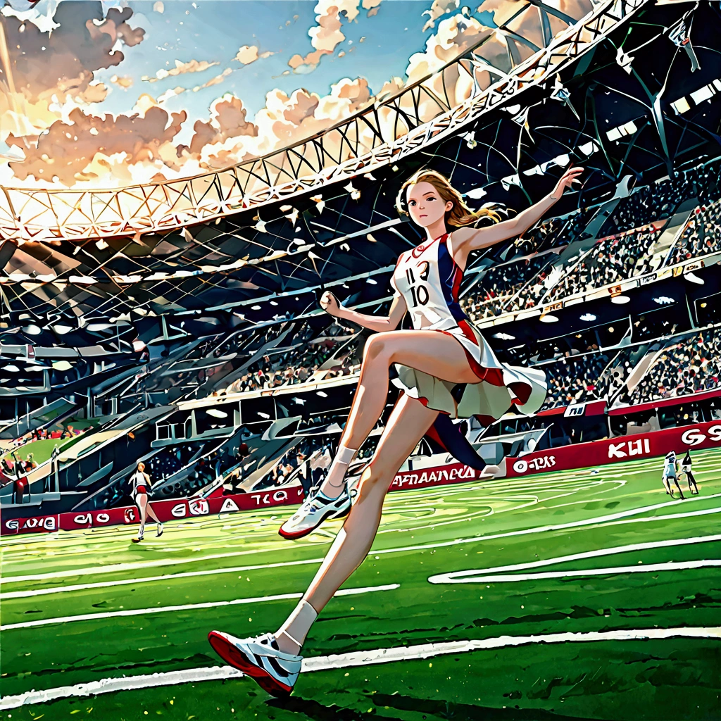 score_9, score_8_up, source anime, official art, 8k, ultra-detailed,very aesthetic, absurdres, perfect anatomy, dramatic angle, multiple girls, women athletes running in the track, Olympic, outdoor, stadium, cinematic lighting, newest, Perfect Hands