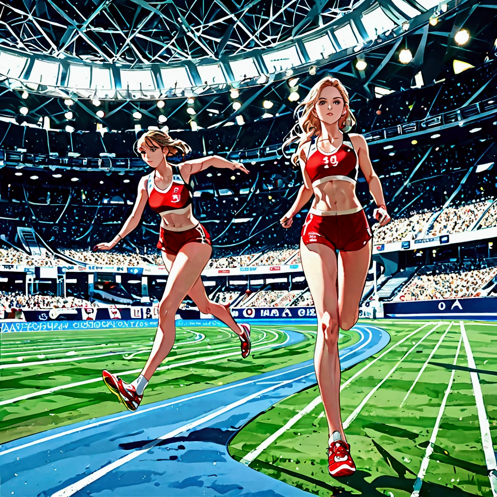 score_9, score_8_up, source anime, official art, 8k, ultra-detailed,very aesthetic, absurdres, perfect anatomy, dramatic angle, multiple girls, women athletes running in the track, Olympic, outdoor, stadium, cinematic lighting, newest, Perfect Hands