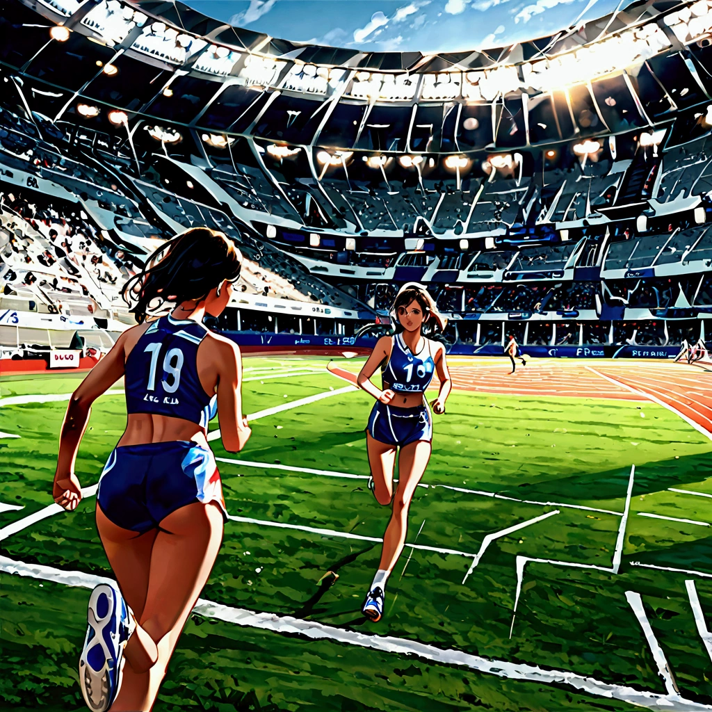 score_9, score_8_up, source anime, official art, 8k, ultra-detailed,very aesthetic, absurdres, perfect anatomy, dramatic angle, multiple girls, women athletes running in the track, Olympic, outdoor, stadium, cinematic lighting, newest, Perfect Hands