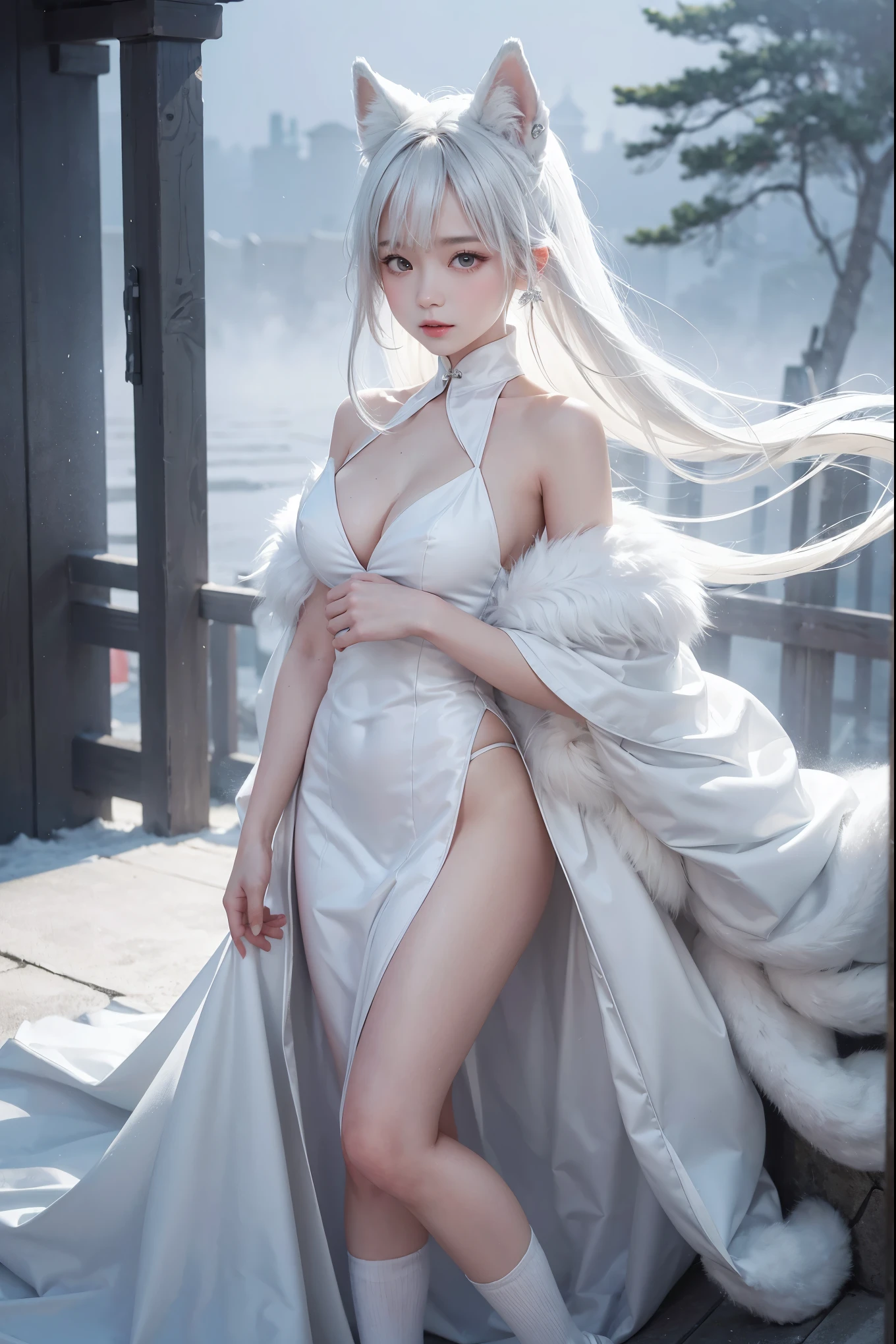 25-year-old girl with rabbit ears posing in the snow, suntanned skin, perfect white haired girl, 3d rendered character art 8 K, trending on cgstation, in a white bodysuit, with white very long hair, The Goddess of Winter, sexypose, Curved body, (intricate details:0.9), (HDR, hyper-detailing:1.2), (natural skin textures, hyper realisitc, soft light, Sharp), (Intricate Detail 1.5). Gloomy dark background.