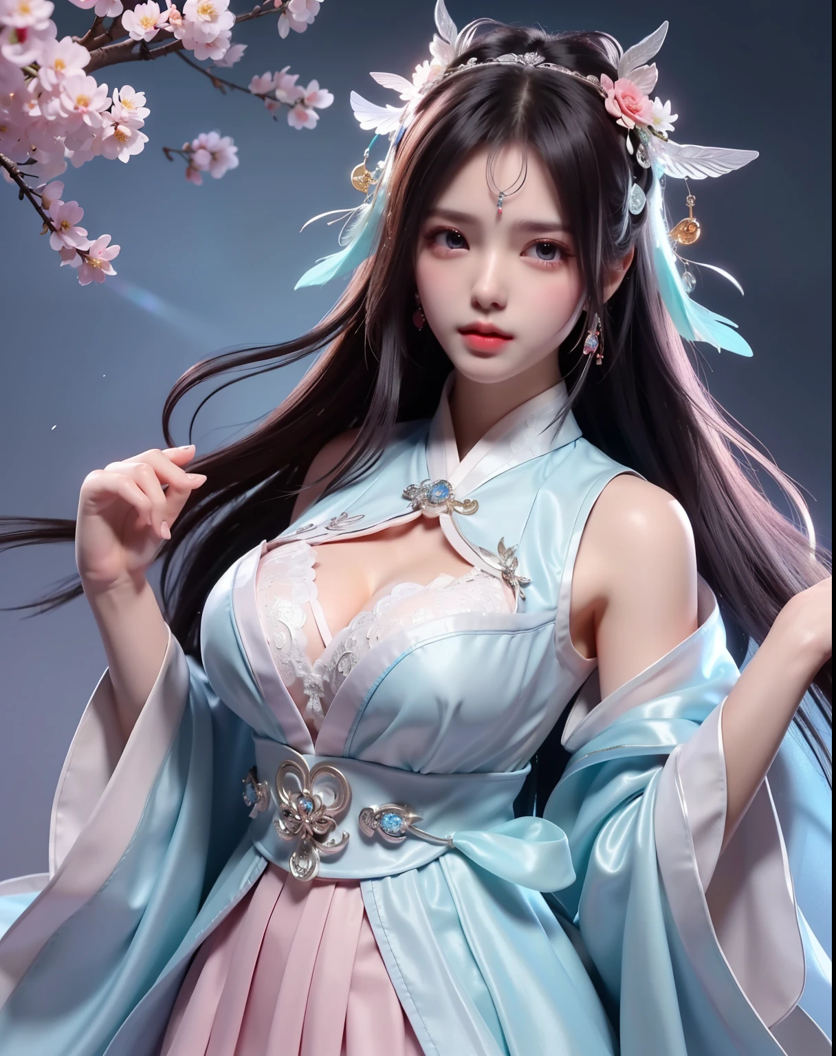 (8k, RAW photo:1.2), best quality, ultra high res,dramatic angle,(fluttered detailed color splashs), (illustration),(((1 girl))),(long hair),(rain:0.9), (Headdress:1.4),There is an ancient palace beside the girl,Hanfu,(Key Points),Color ink painting,(Splash of Color),Splash of Color,(((colorful))),(sketch:0.8) , Masterpiece, best quality, beautiful painted, highly detailed,(denoising:0.6),[splash ink],((ink refraction)), (beautiful detailed sky),moon,highly,detaild,(masterpiece, best quality, extremely detailed） CG Unity 8k Wallpaper，masterpiece，best quality，Ultra Detailed），（Lycoris）. hanfu open v   open V-chested clothes Thin silk lace dress , (huge ，cleavage),, white pinkand gren，best qualtiy，tmasterpiece，Ultra-high resolution，（Reality：1.4），RAW photogr，（True skin texture：1.3），（filmgrain：1.3），（Selfie angle），1个Giant Breast Girl，Beautiful eye and face details，tmasterpiece，Best quality at best，，The chest more exposed， detailed hair, bra pink , detail 8k, upper body, lace petticoat