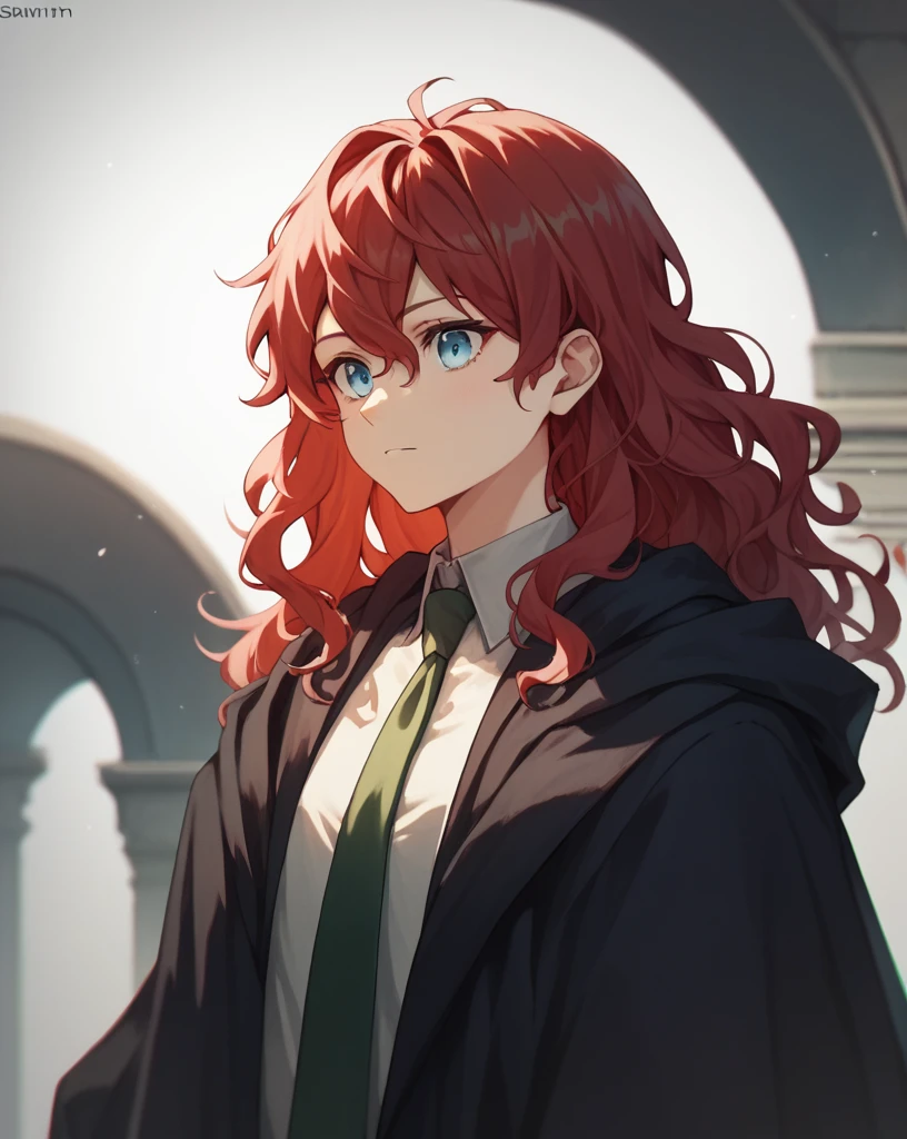 score_9, score_8_up, score_7_up,
1girl, solo, red hair, light blue eyes, black pantyhose, upper body, closeup, big chest, cloak, slytherin, long hair, wavy hair, green and silver tie